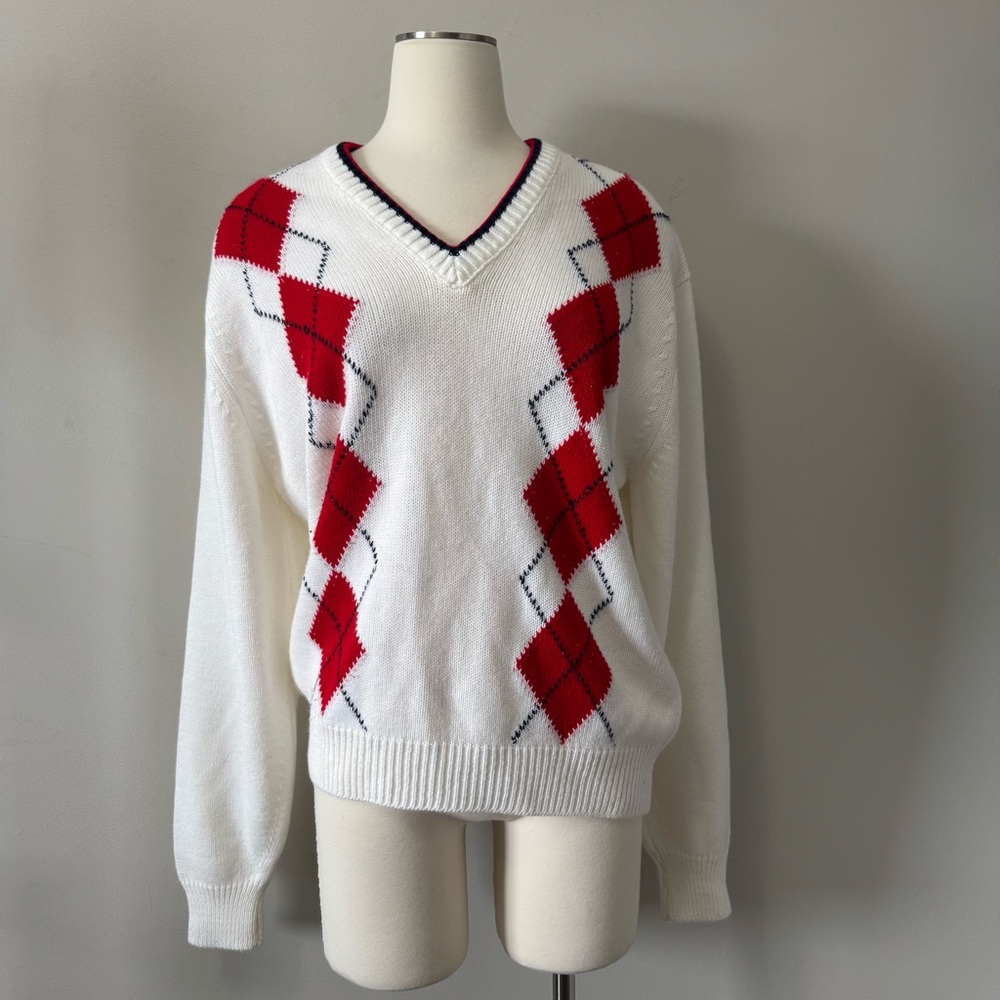 Parkhurst Red and White Argyle V-Neck Sweater Acrylic Large